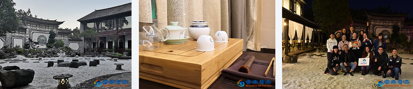Backyard of the Jinzhouwan Hotel in Dali and tea ceremony and group photo of the Wonders of Yunnan team
