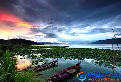 Yilong lake clear water sunset boats and lotus flowers honghe yunnan china
