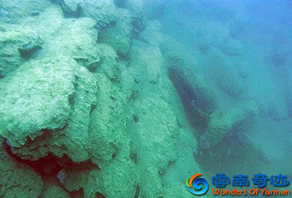 remnants of an ancient wall in the sunken lost city in Fuxian lake, Kunming, Yuxi, Yunnan, China